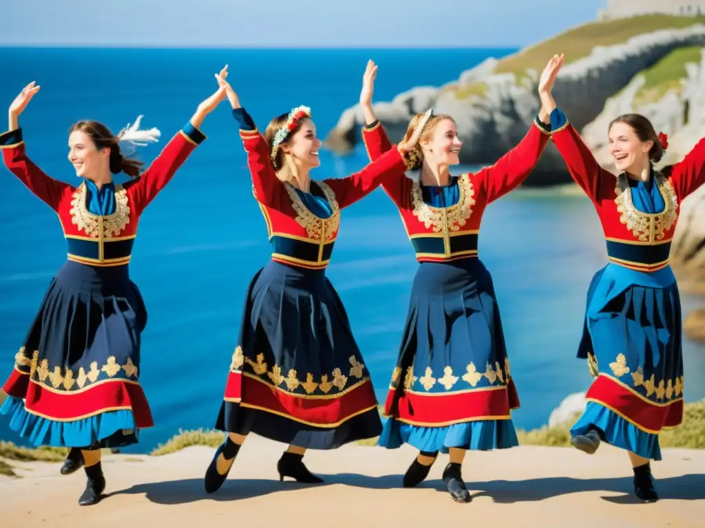 Grupo de bailarines bretones en trajes vibrantes realizando la gavotte