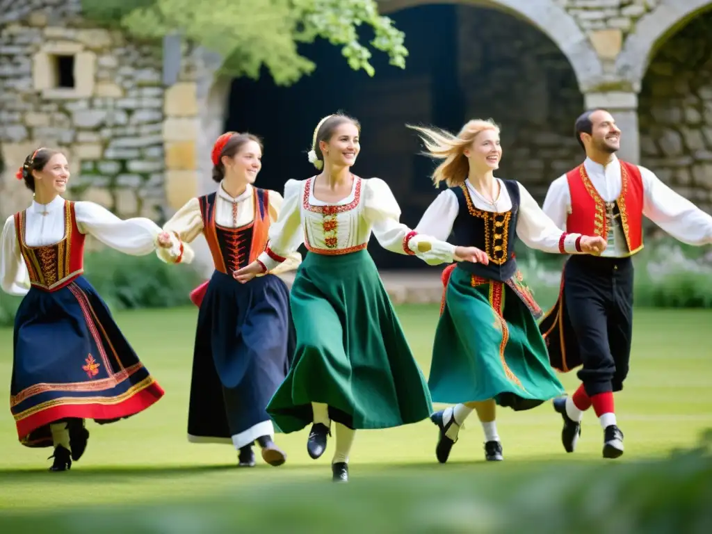 Grupo de bailarines bretones en trajes vibrantes realizando la gavotte en un claro soleado, evocando el significado cultural gavotte bretona