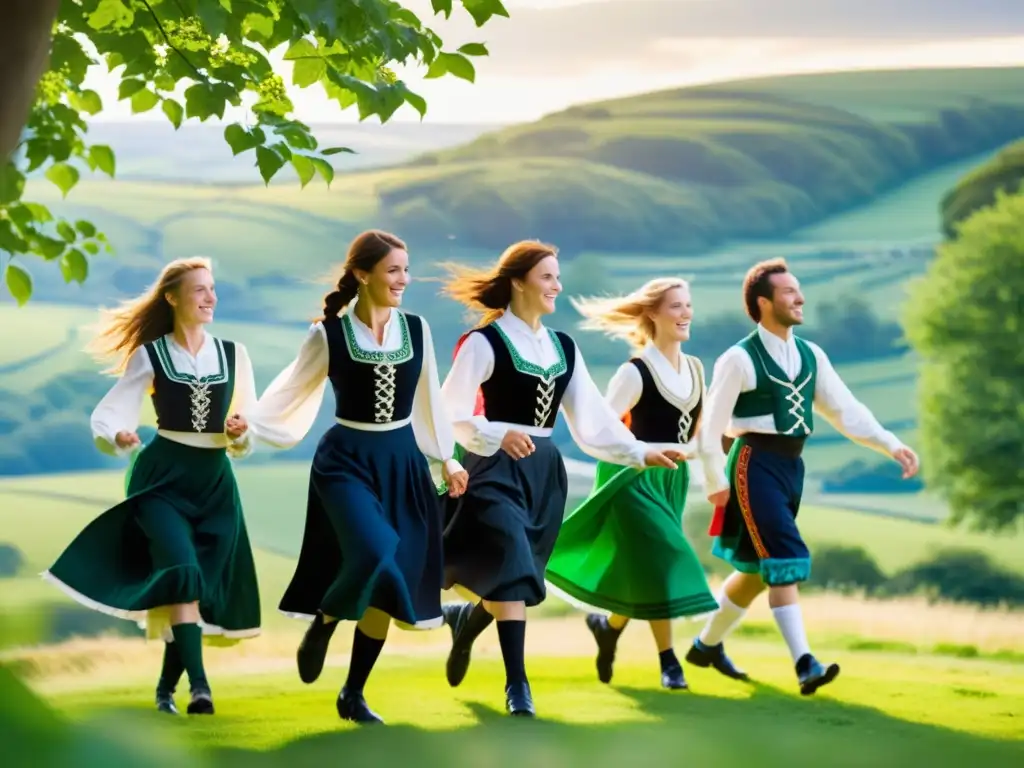 Grupo de bailarines bretones con trajes vibrantes y símbolos celtas, danzando en la naturaleza