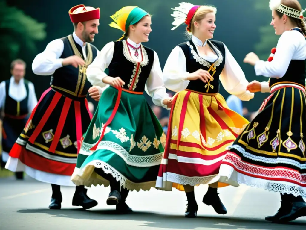 Grupo de bailarines bretones en vibrantes trajes tradicionales, danza celta en festival de Bretaña