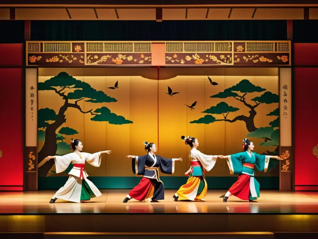 Grupo de bailarines ejecutando el Bugaku japonés, con trajes vibrantes en un escenario lleno de detalles tradicionales