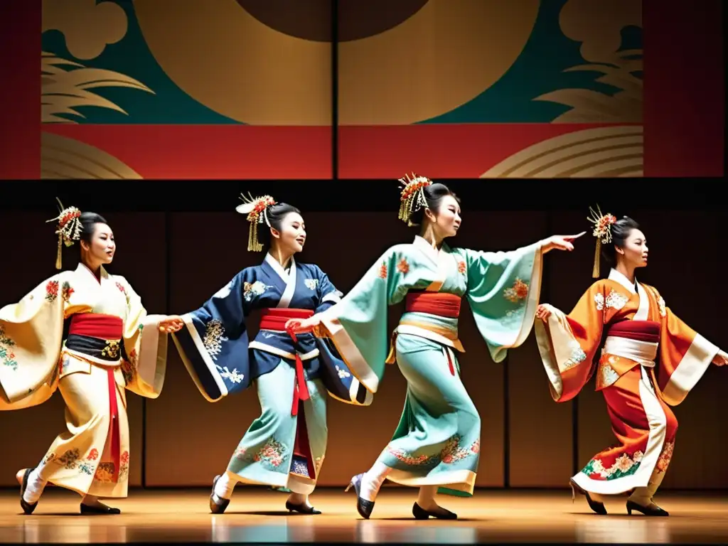 Un grupo de bailarines de Bugaku japonés ejecuta movimientos precisos y estilizados en un escenario adornado con vibrantes fondos