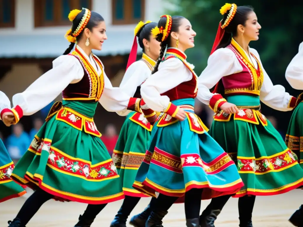 Grupo de bailarines búlgaros en el festival Koprivshtitsa, vistiendo trajes tradicionales coloridos, demostrando la energía de la danza búlgara