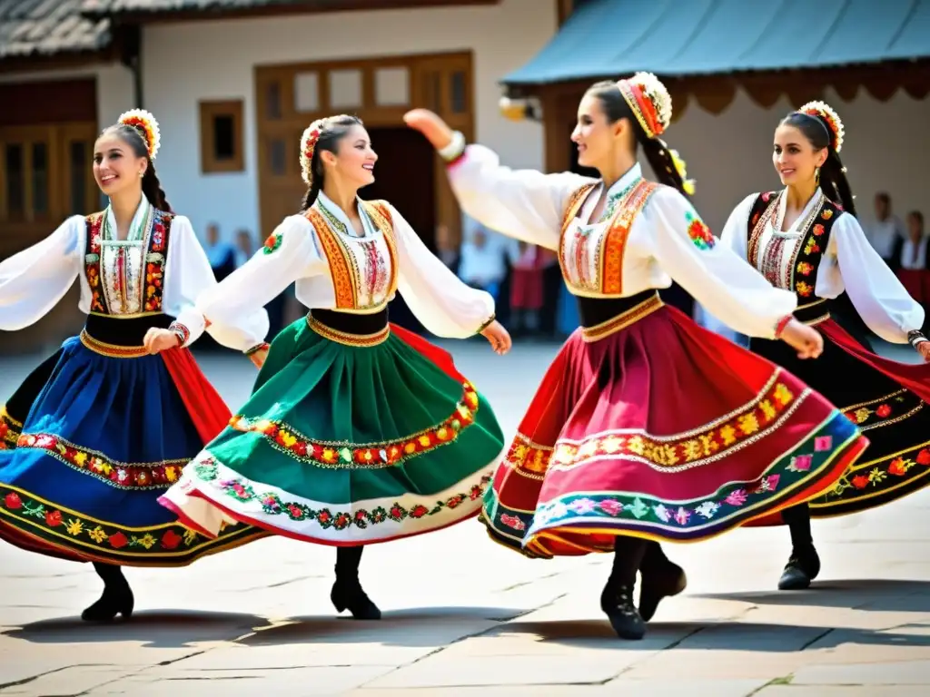 Grupo de bailarines búlgaros en trajes tradicionales, mostrando la energía y pasión de la Danza Rachenitsa en Bulgaria