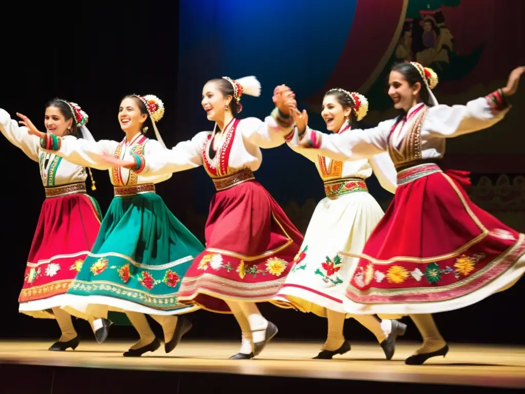 Grupo de bailarines búlgaros con trajes tradicionales vibrantes danzan con pasión en el festival de danza búlgara Koprivshtitsa