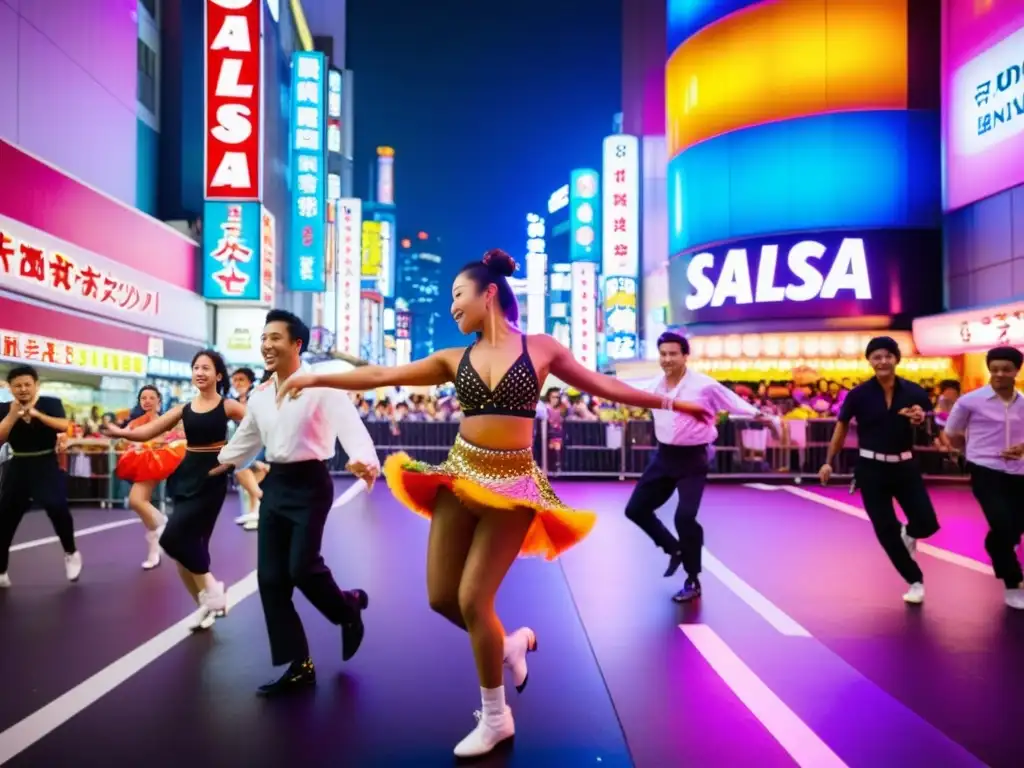 Grupo de bailarines en una bulliciosa calle de Tokio, Japón, danzando al ritmo de la salsa, con trajes coloridos y luces de neón