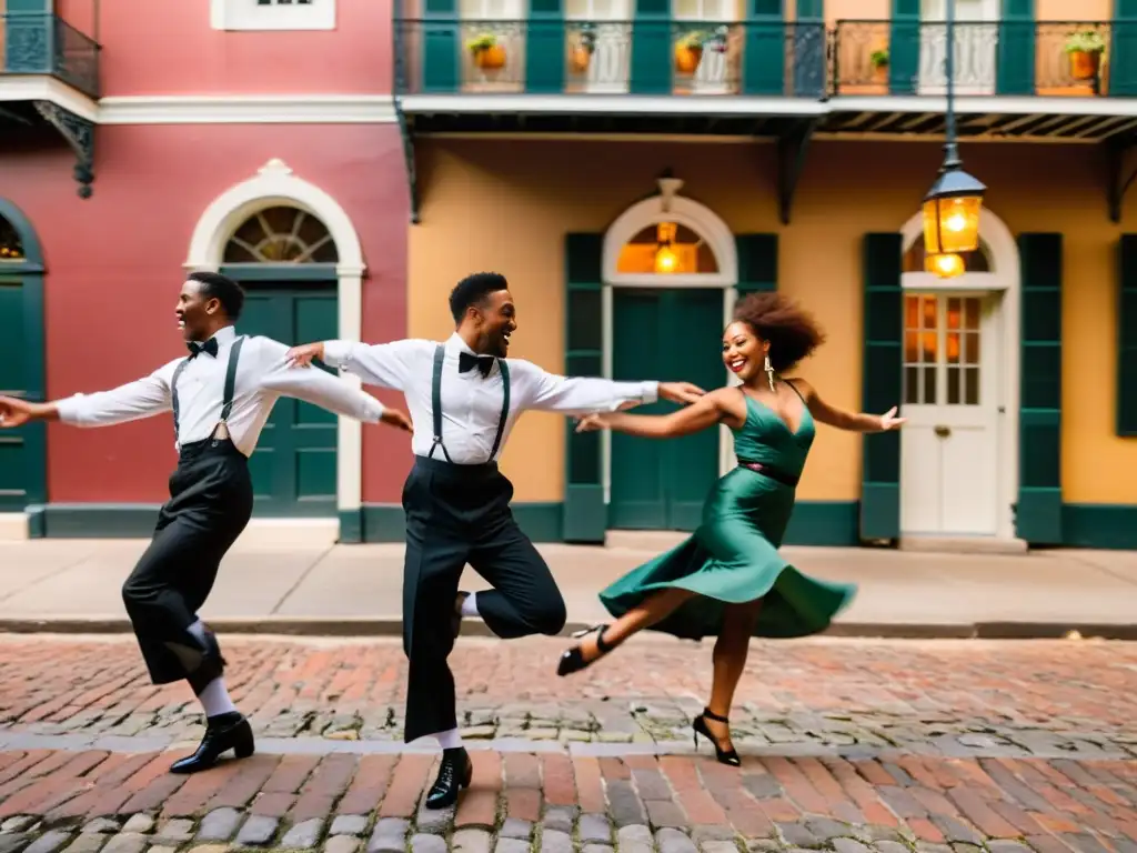 Grupo de bailarines en la calle empedrada del French Quarter de Nueva Orleans, ejecutando una rutina de danza jazz sincronizada con pasión y energía