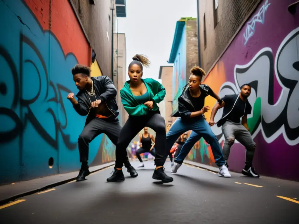 Grupo de bailarines callejeros en batalla durante el Festival Juste Debout, expresando pasión y destreza en un callejón urbano con grafitis vibrantes