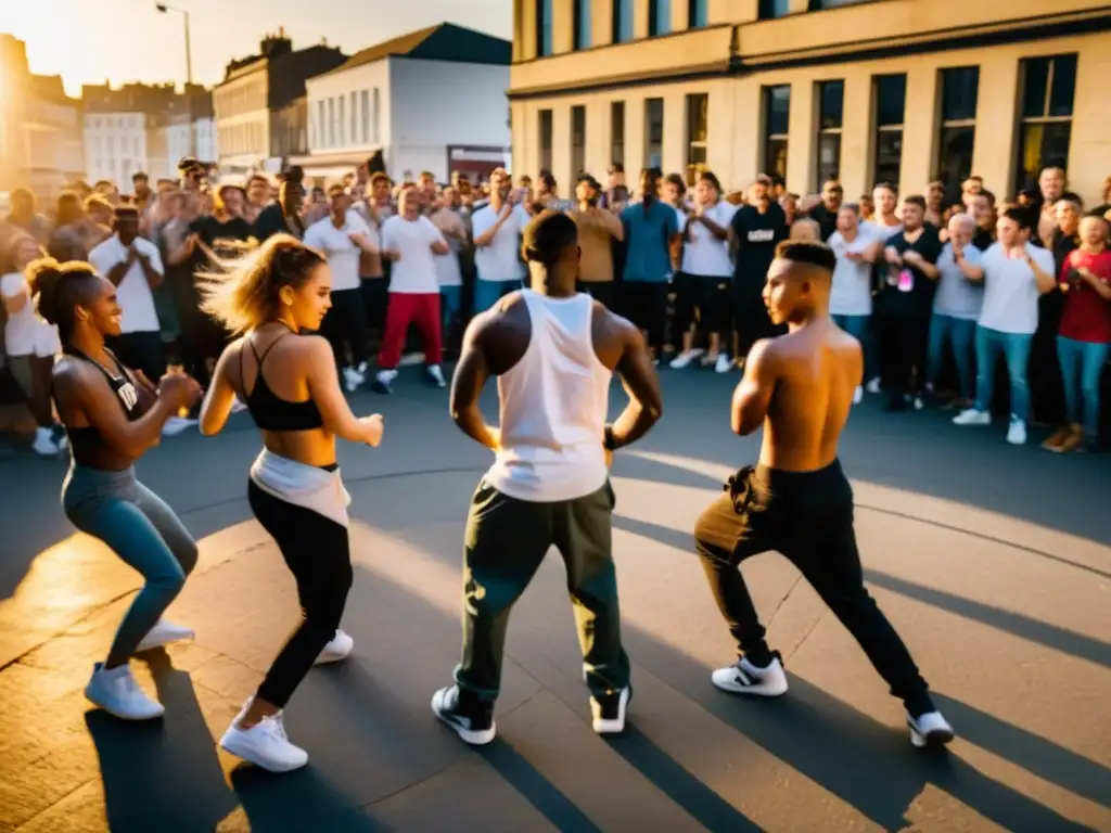 Grupo de bailarines callejeros de todo el mundo en el Festival Juste Debout, mostrando su talento en una vibrante exhibición urbana al atardecer