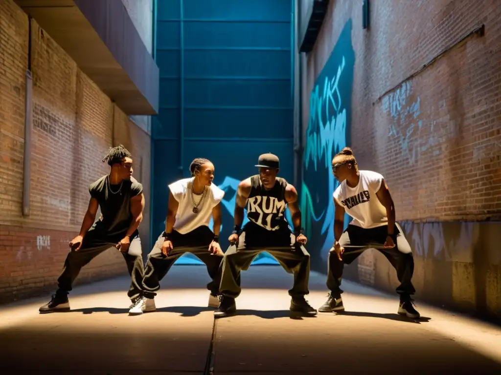 Grupo de bailarines de krump en un callejón urbano, expresando intensidad y emoción