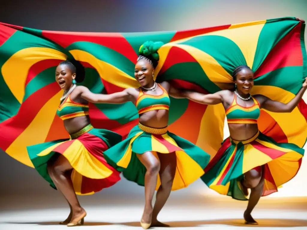 Grupo de bailarines cameruneses ejecutando la danza tradicional Makossa de Camerún con movimientos acrobáticos y trajes vibrantes