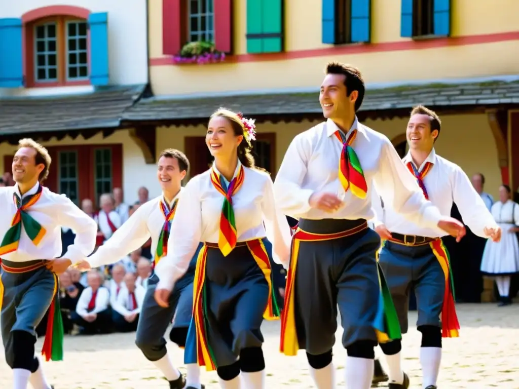 Un grupo de bailarines de Morris, con camisas blancas y coloridos listones y cascabeles, realizando una rutina en una plaza soleada