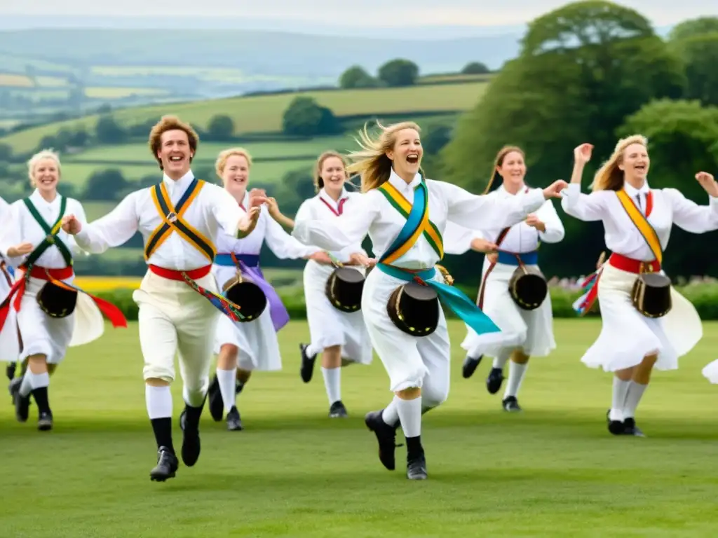 Grupo de bailarines Morris en la campiña inglesa, realizando una danza sincronizada y alegre