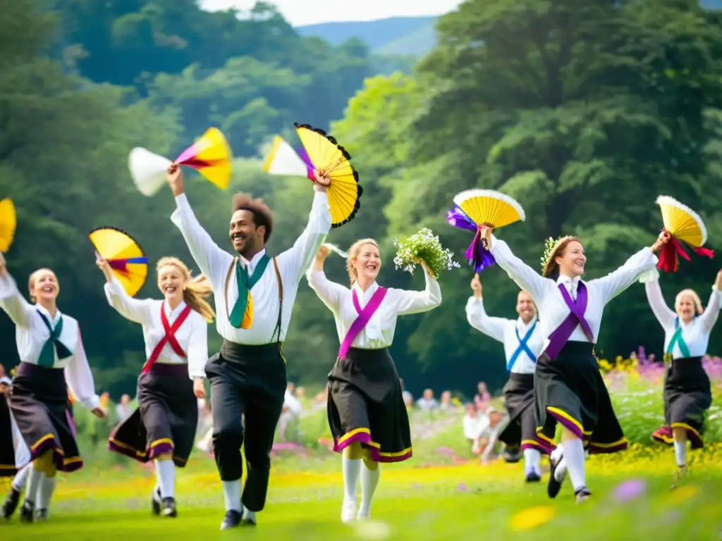 Grupo de bailarines Morris danzando en campo inglés, exudando alegría y significado cultural de la danza Morris inglesa