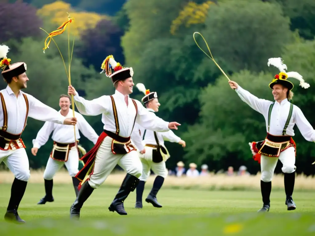 Grupo de bailarines Morris en campo soleado, expresando alegría y camaradería