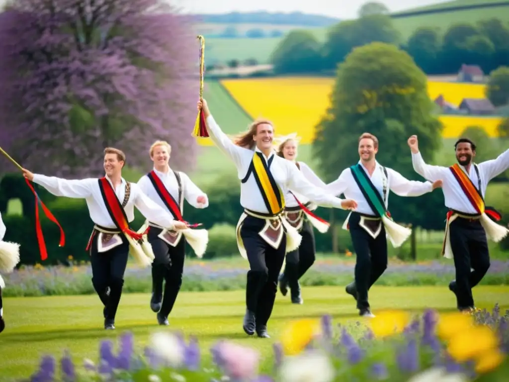 Grupo de bailarines Morris danzando en un campo soleado entre flores, celebrando el significado cultural Morris Dance