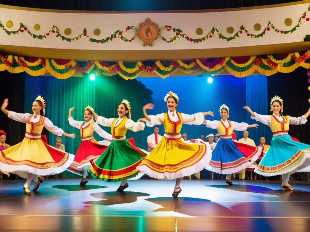 Un grupo de bailarines canarios en trajes coloridos y movimientos fluidos, rodeados de una audiencia emocionada