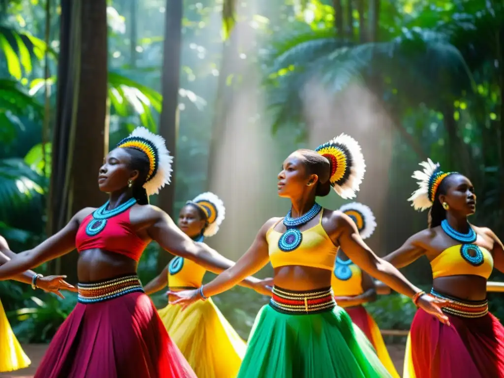 Grupo de bailarines de Candomblé con trajes tradicionales vibrantes danzando en la selva