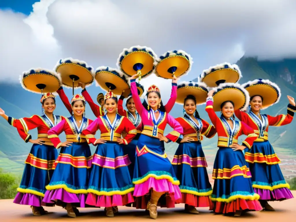 Grupo de bailarines Caporales en trajes vibrantes durante desfile en Bolivia, mostrando transformación vestimenta caporales Bolivia