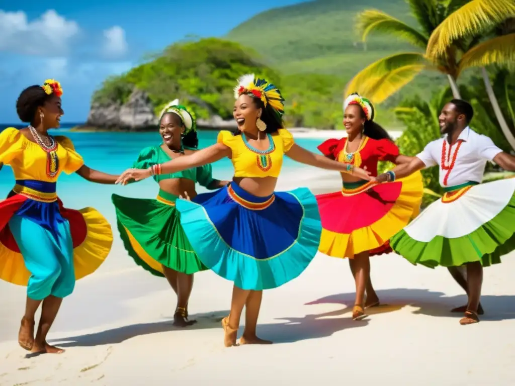 Grupo de bailarines caribeños con vestimenta tradicional danzan al ritmo de la música en una playa tropical