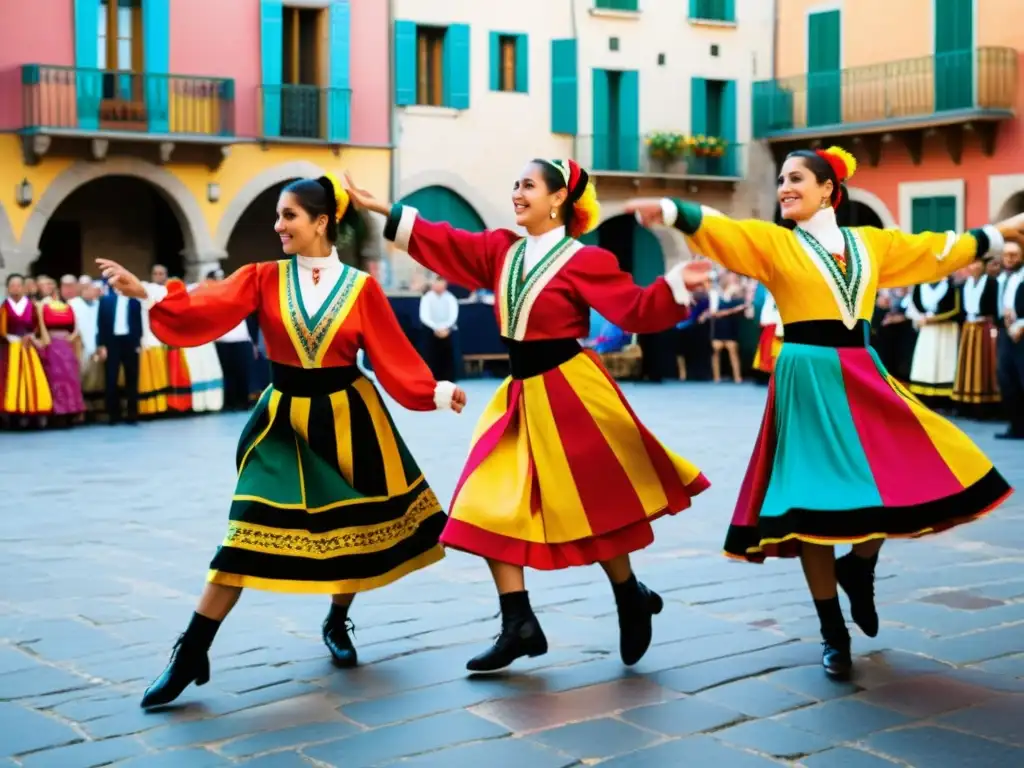 Grupo de bailarines catalanes realiza la danza de la Sardana en la plaza del pueblo, reflejando su significado cultural y técnica tradicional