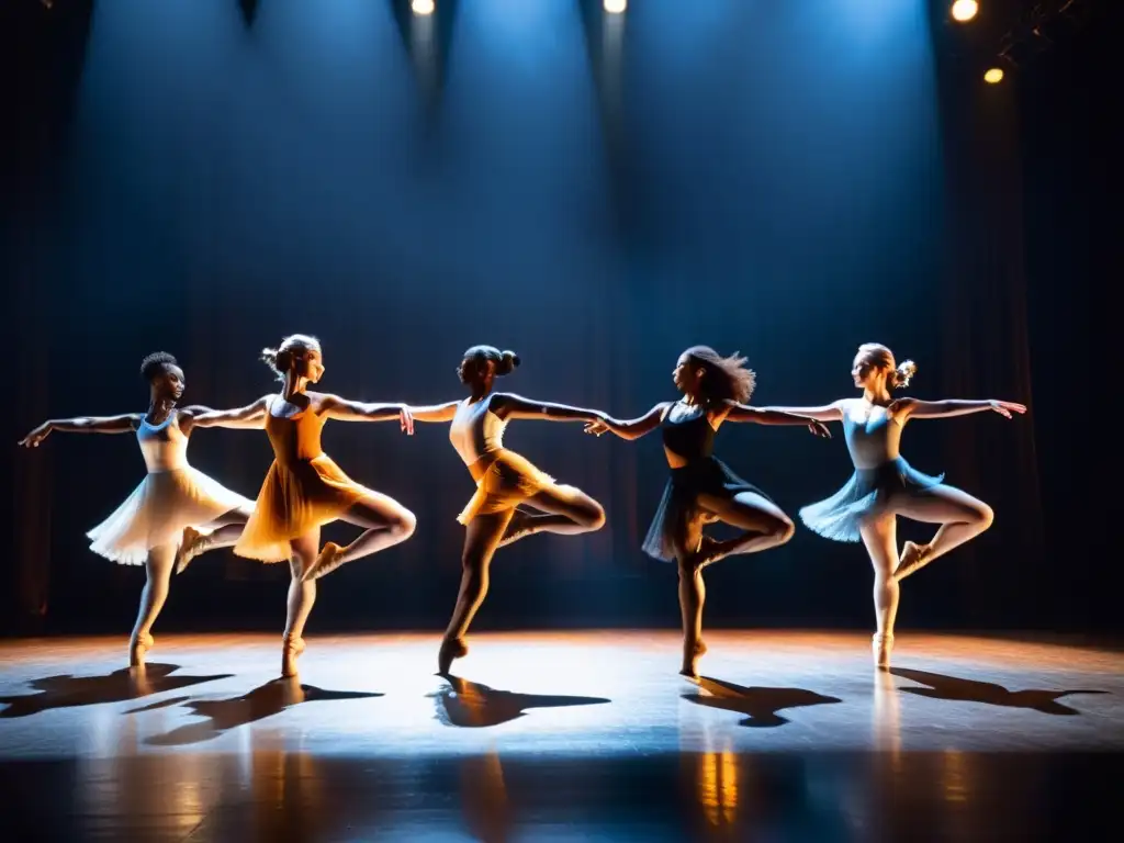 Grupo de bailarines en cautivadora actuación, iluminados en escenario minimalista