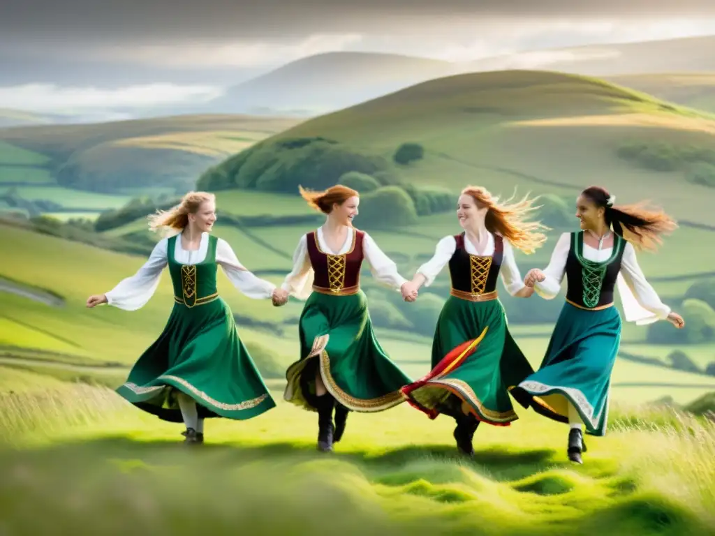 Grupo de bailarines celtas en un campo verde exuberante, realizando pasos de baile intrincados en un retiro de danza celta en Irlanda