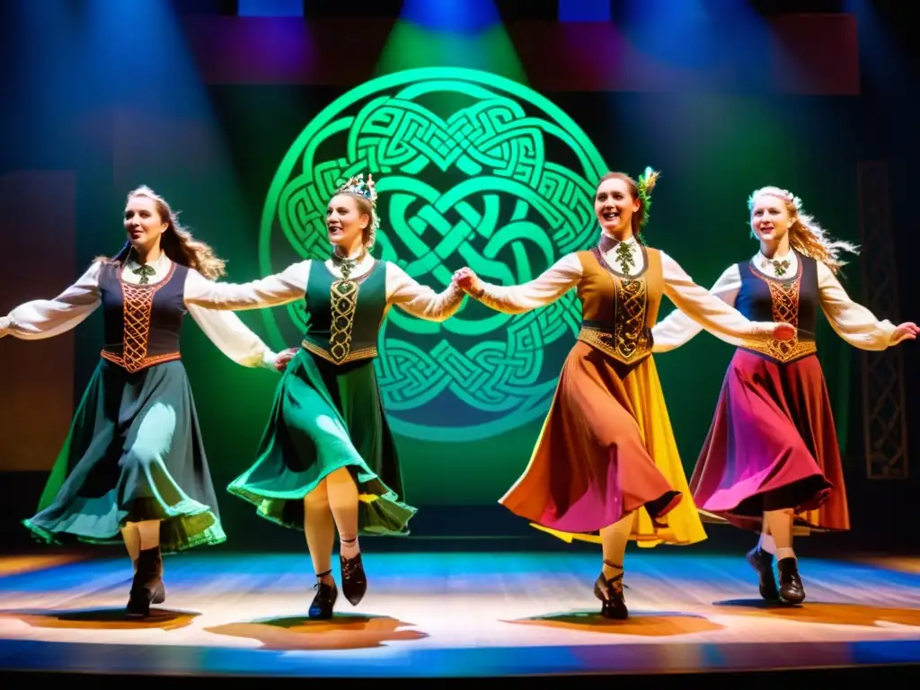 Grupo de bailarines celtas en coloridos trajes ejecutando una danza tradicional en un escenario adornado con motivos celtas