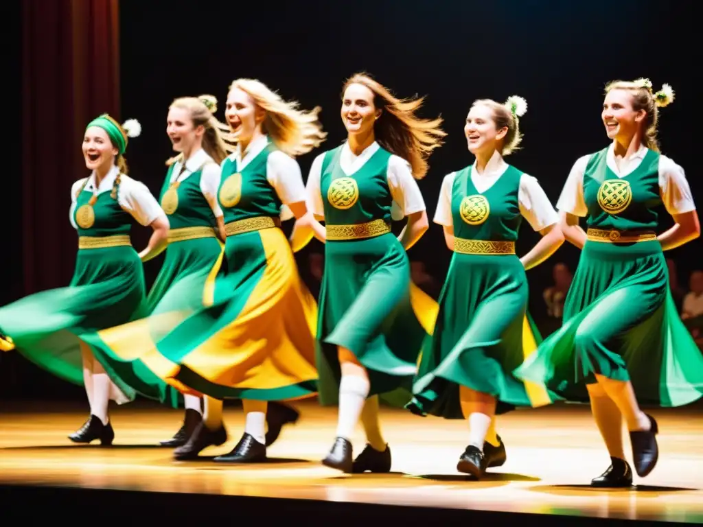 Grupo de bailarines celtas en Festival Intercéltico de Lorient, expresando la esencia cultural y la tradición en un escenario vibrante