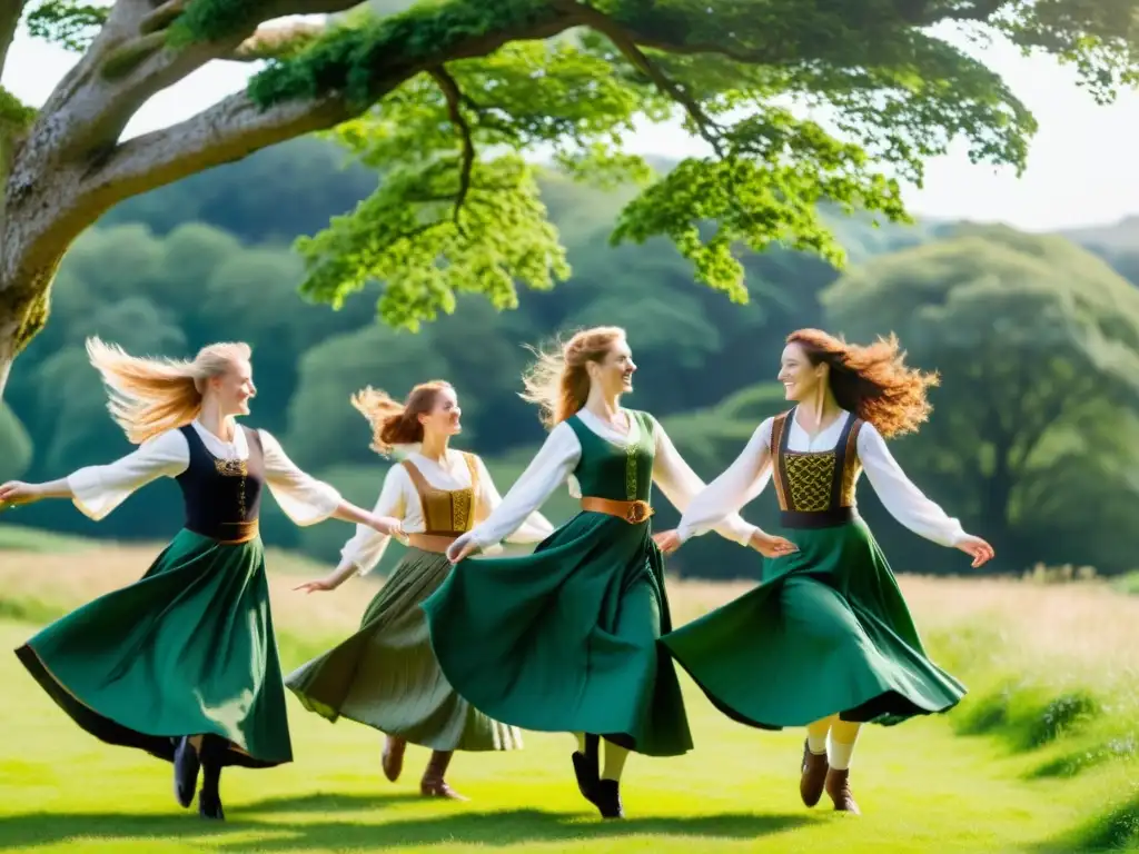 Grupo de bailarines celtas en Irlanda, disfrutando de un retiro de danza celta en medio de la naturaleza exuberante