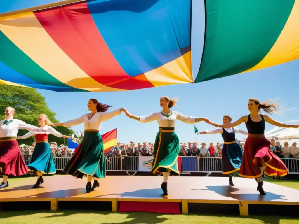 Grupo de bailarines celtas con trajes vibrantes en el Festival Intercéltico de Lorient