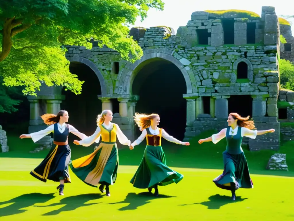 Grupo de bailarines celtas en trajes tradicionales coloridos, danzando en un campo verde con ruinas antiguas