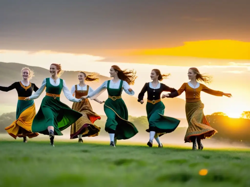 Grupo de bailarines celtas en trajes tradicionales realizando movimientos de danza en un campo verde, con el sol poniéndose al fondo