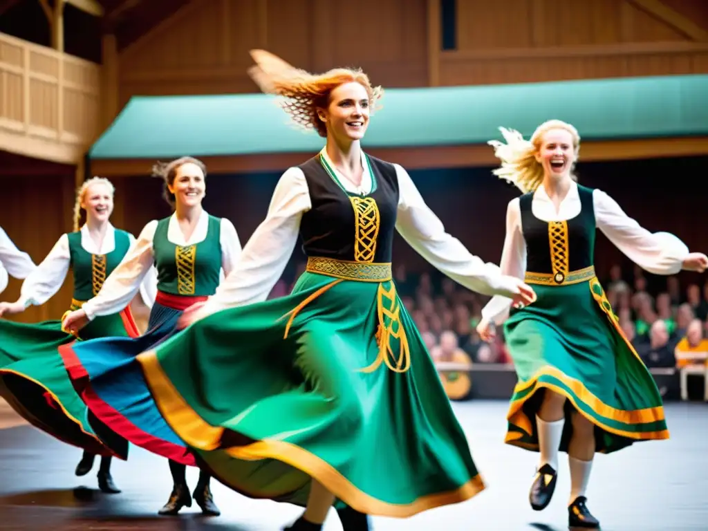 Un grupo de bailarines celtas con trajes coloridos, danzando al ritmo de música tradicional irlandesa