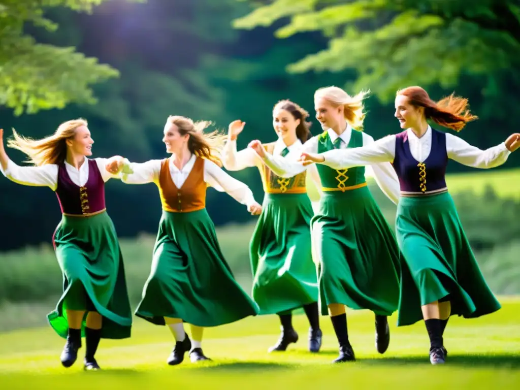 Grupo de bailarines celtas en trajes tradicionales realizando una danza enérgica al aire libre