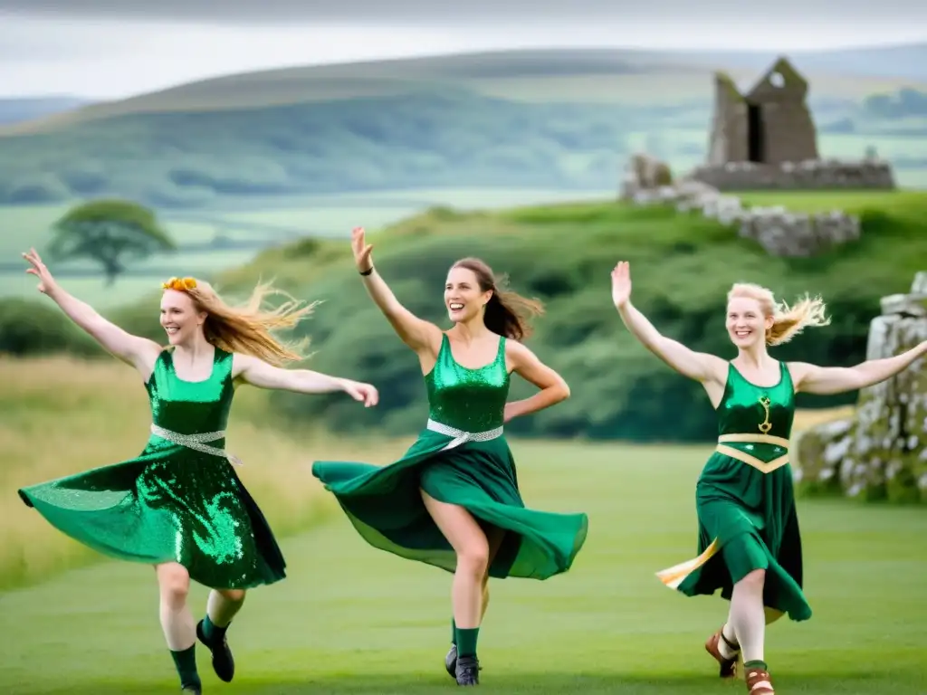 Grupo de bailarines celtas en trajes vibrantes realizando una animada danza en un campo verde, transmitiendo alegría y pasión