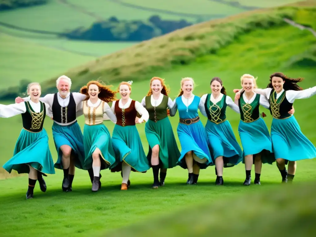 Un grupo de bailarines celtas en Irlanda, vestidos con trajes tradicionales, bailando en un círculo en una colina verde exuberante