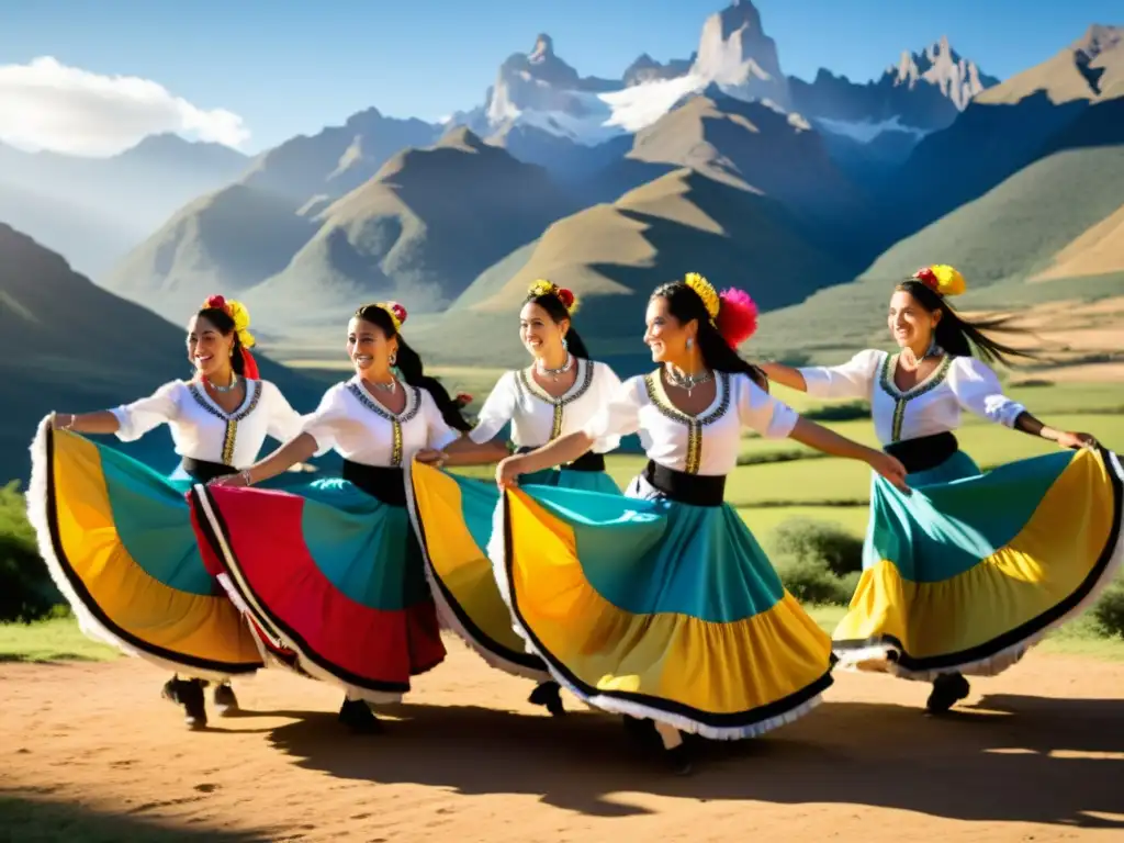 Grupo de bailarines de chacarera argentina, vestidos coloridos girando al atardecer en las montañas