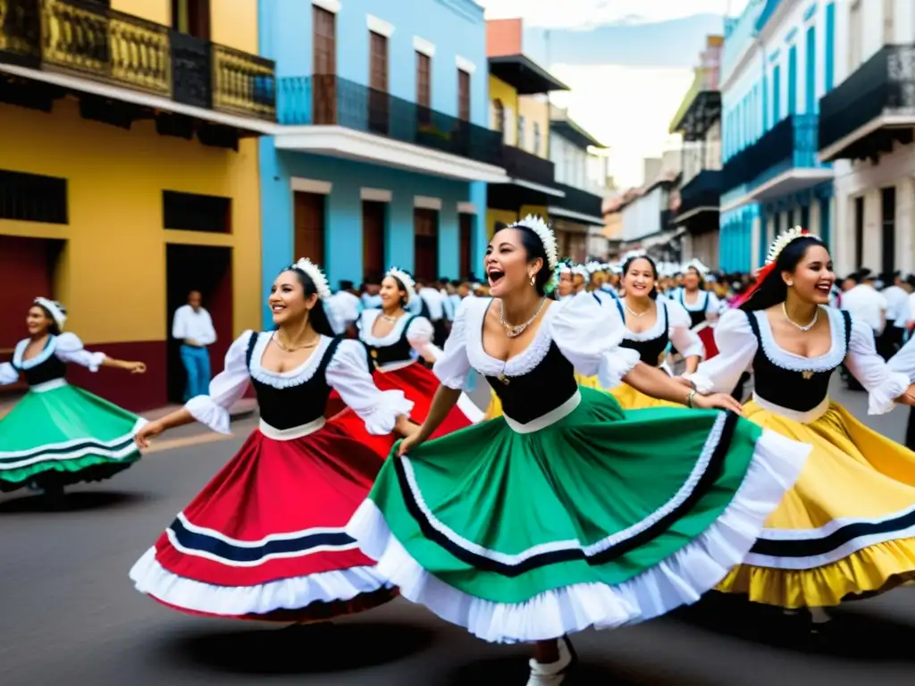 Un grupo de bailarines de Chamamé tradicional argentino danzando con pasión y alegría en las calles de Corrientes durante un vibrante festival