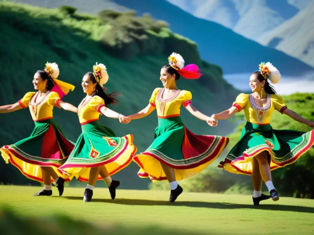 Un grupo de bailarines de Chamamé con trajes vibrantes bailando con energía en un paisaje verde