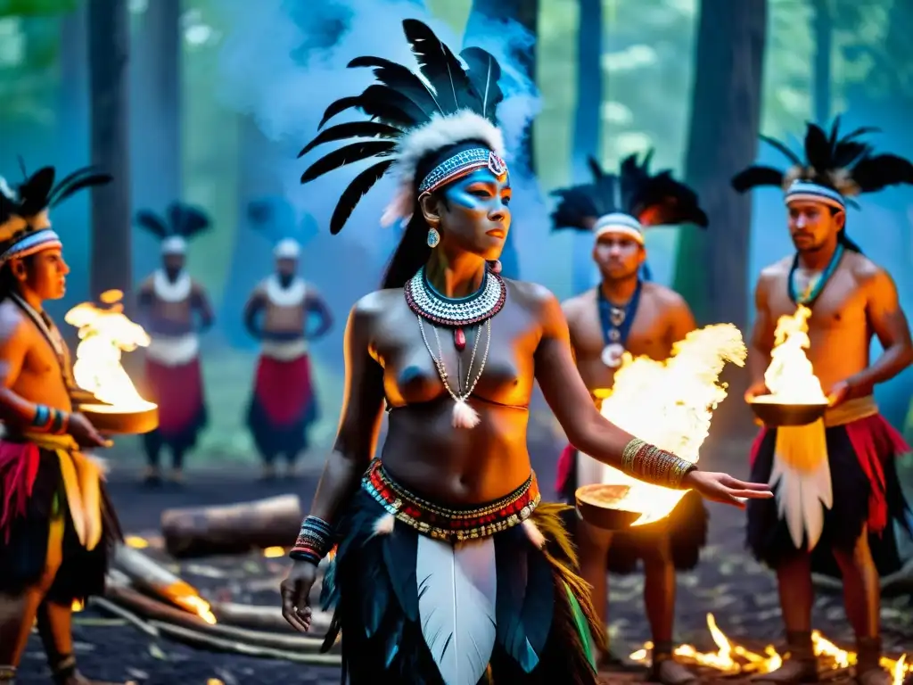 Grupo de bailarines chamánicos en un ritual alrededor de la fogata en el bosque, Curso online de danzas chamánicas ritualísticas