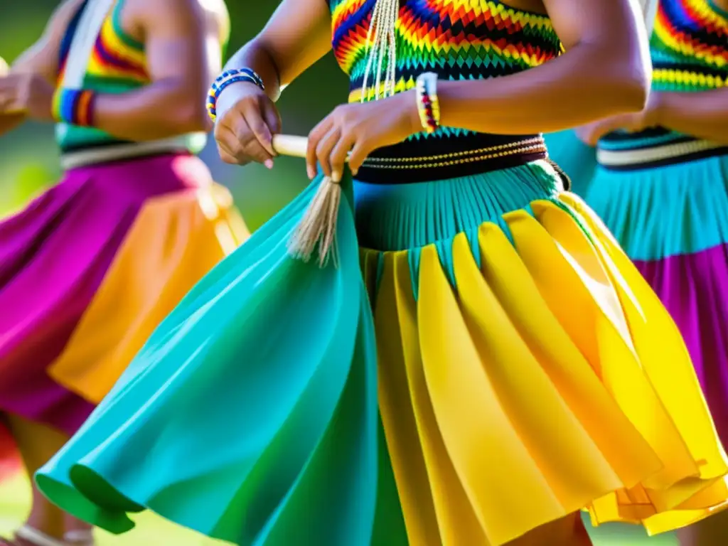 Grupo de bailarines chamorros con trajes vibrantes, danza tradicional en Guam, preservar vestimenta tradicional danza Guam