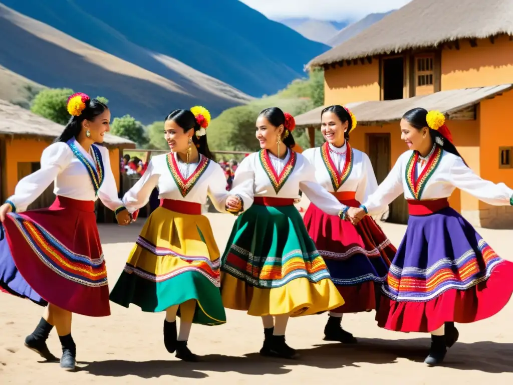 Un grupo de bailarines chilenos ejecutando la animada cueca, con trajes tradicionales coloridos y patrones bordados, en un entorno rústico