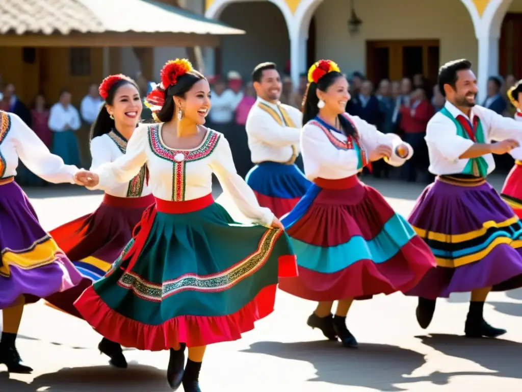 Grupo de bailarines chilenos ejecutando la cueca, con faldas vibrantes y pasos de baile