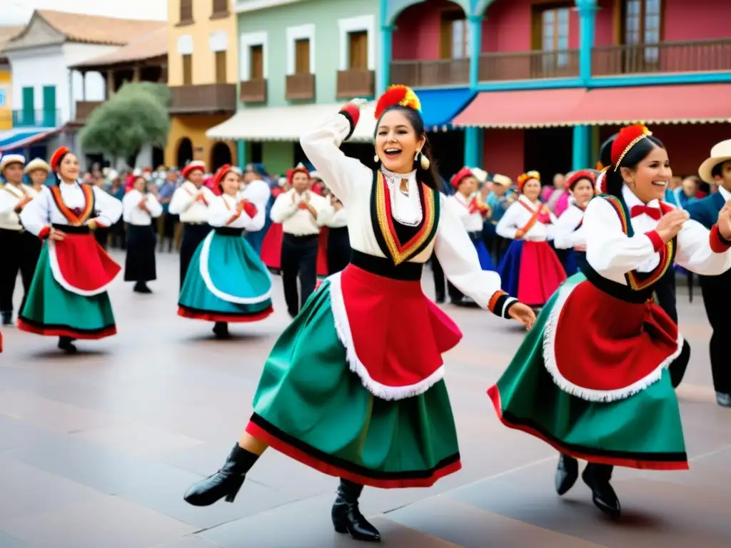 Grupo de bailarines chilenos en la Plaza, celebrando la Cueca con trajes coloridos y expresiones apasionadas