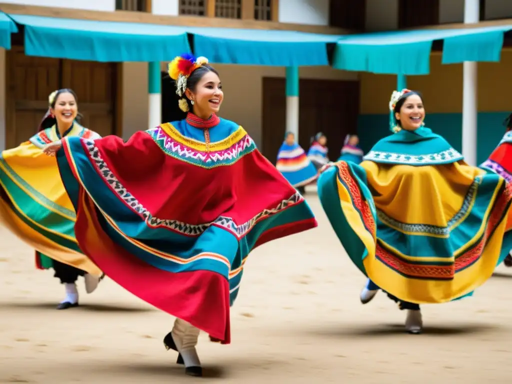 Grupo de bailarines chilenos con ponchos coloridos danzando en un ambiente vibrante