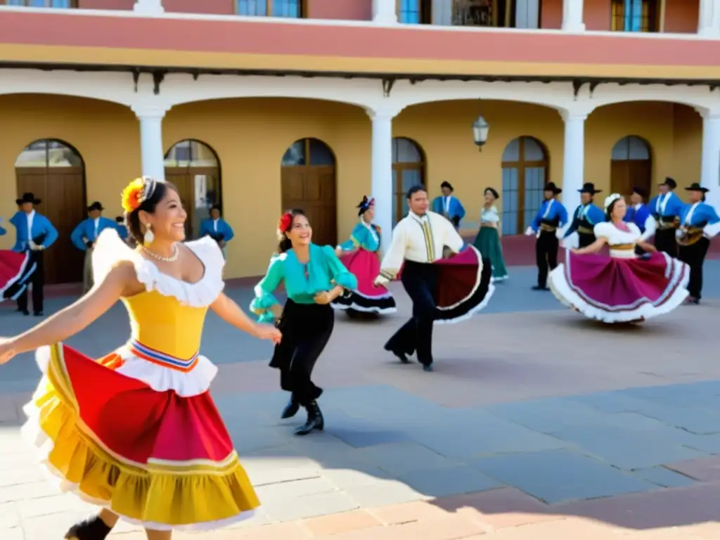 Grupo de bailarines chilenos ejecutando la tradicional Cueca en una plaza soleada y animada