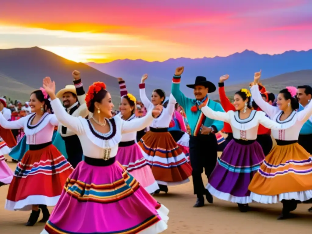 Grupo de bailarines chilenos en trajes de cueca sin patria diáspora chilena, celebrando con danza y colores bajo un deslumbrante atardecer