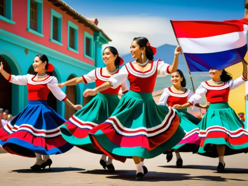 Un grupo de bailarines chilenos en trajes tradicionales de cueca, girando al ritmo de la música, expresando la esencia de la danza nacional