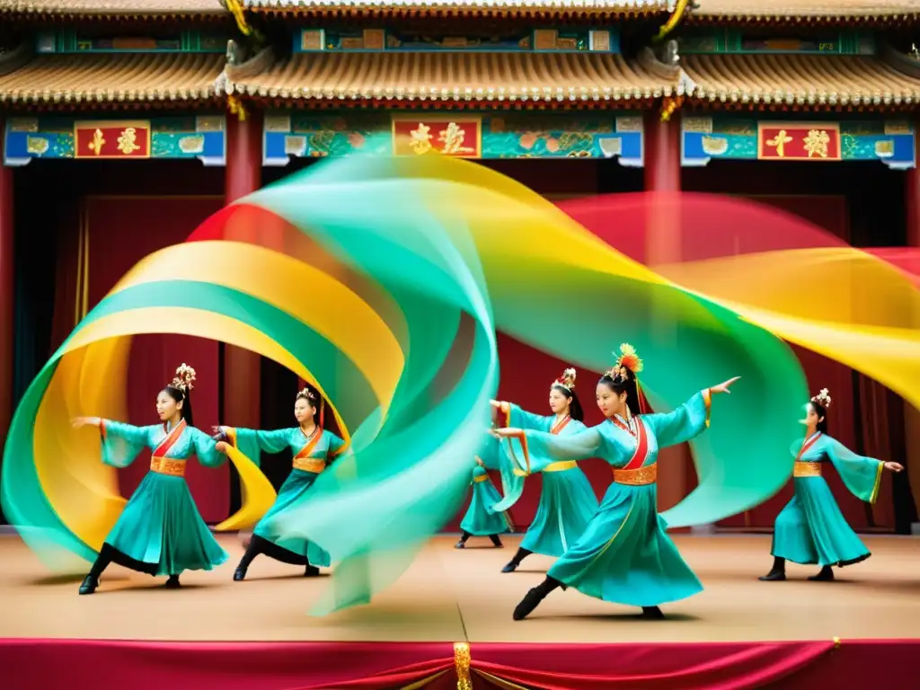 Un grupo de bailarines chinos ejecuta la Danza de la cinta china tradicional, moviendo graciosamente largas cintas de seda en un escenario ornamental